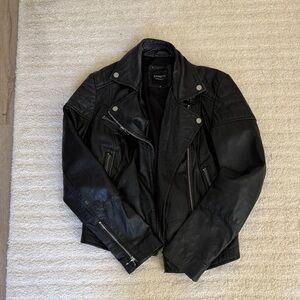 Barneys New York Black Leather Bomber-Style Moto Jacket